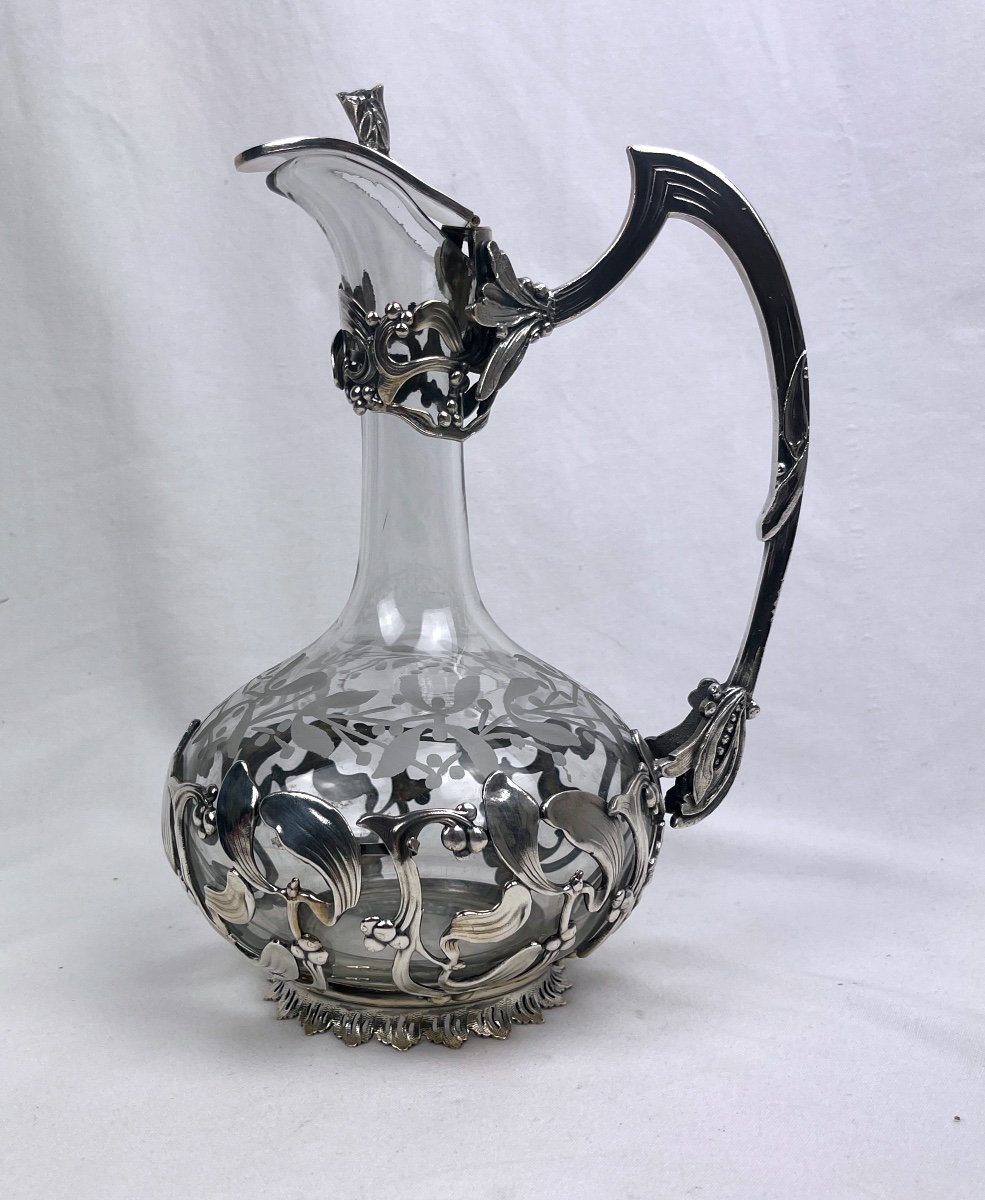 Cut Glass Ewer With Mistletoe Decor, Silver Metal Frame