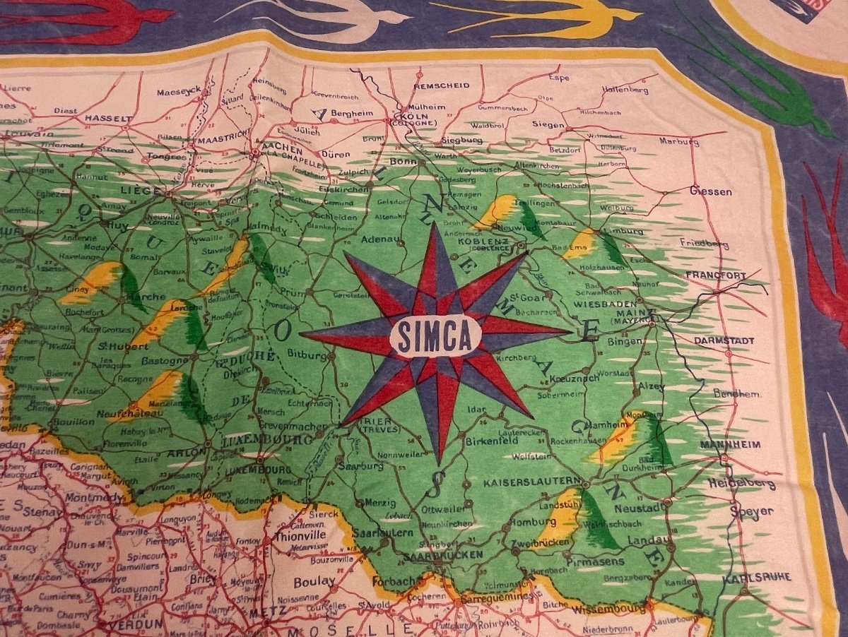 Hermès Paris Rare And Beautiful Printed Nylon Square Carré Featuring The Map Of France For Simca 1949-photo-2