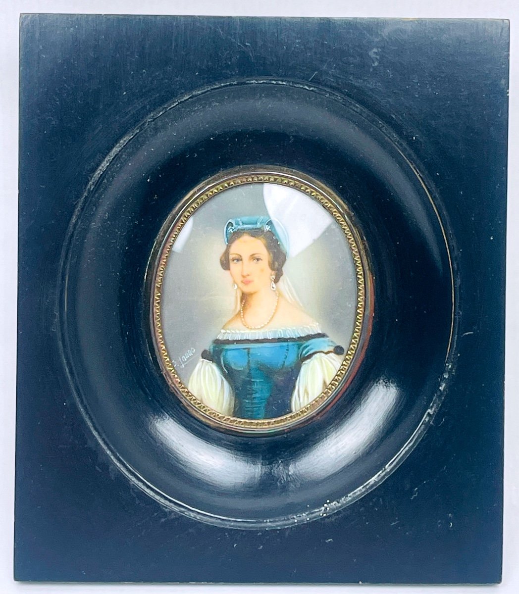 Miniature, Portrait De Dame à La Robe Bleue