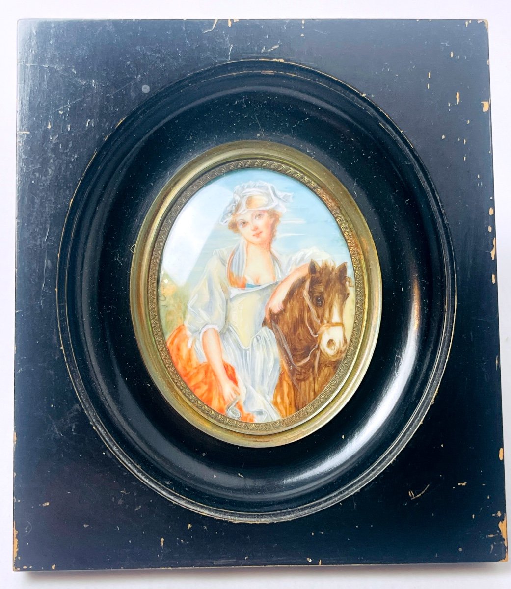 Miniature, Portrait De Jeune Femme Et Son Cheval