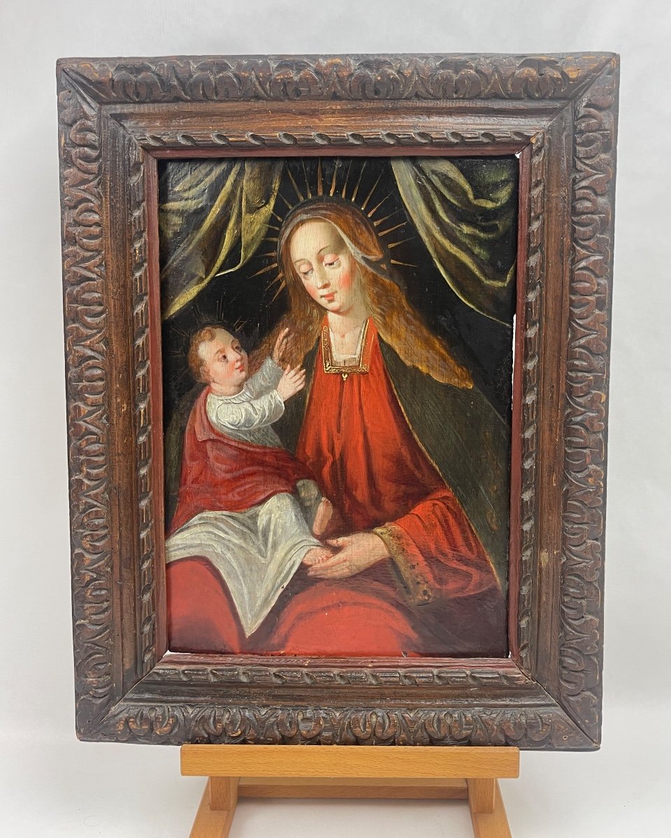 Virgin And Child Jesus, Oil On Wood Panel 17th Century-photo-2