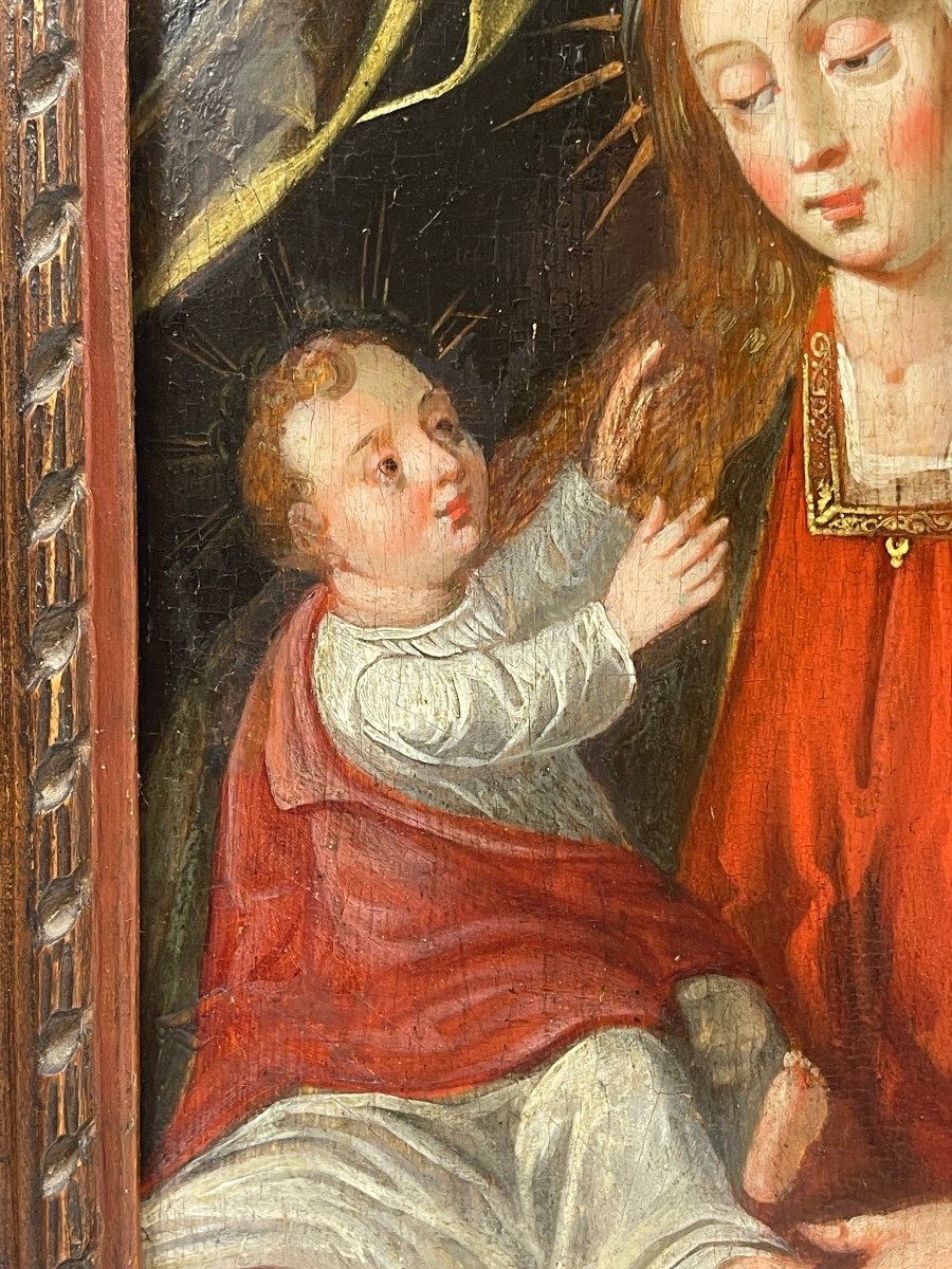 Virgin And Child Jesus, Oil On Wood Panel 17th Century-photo-4