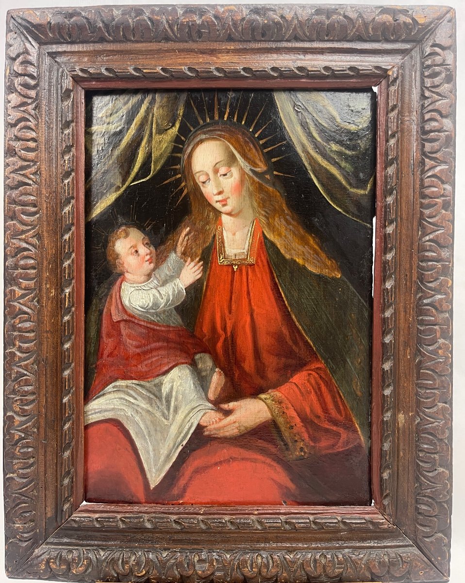 Virgin And Child Jesus, Oil On Wood Panel 17th Century