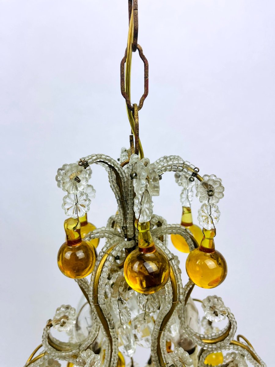 Small Chandelier In Crystal Beads, Amber Drops And Brass, 1920s/30s-photo-2