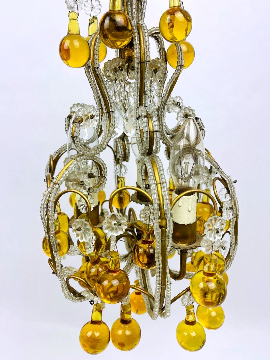 Small Chandelier In Crystal Beads, Amber Drops And Brass, 1920s/30s-photo-3