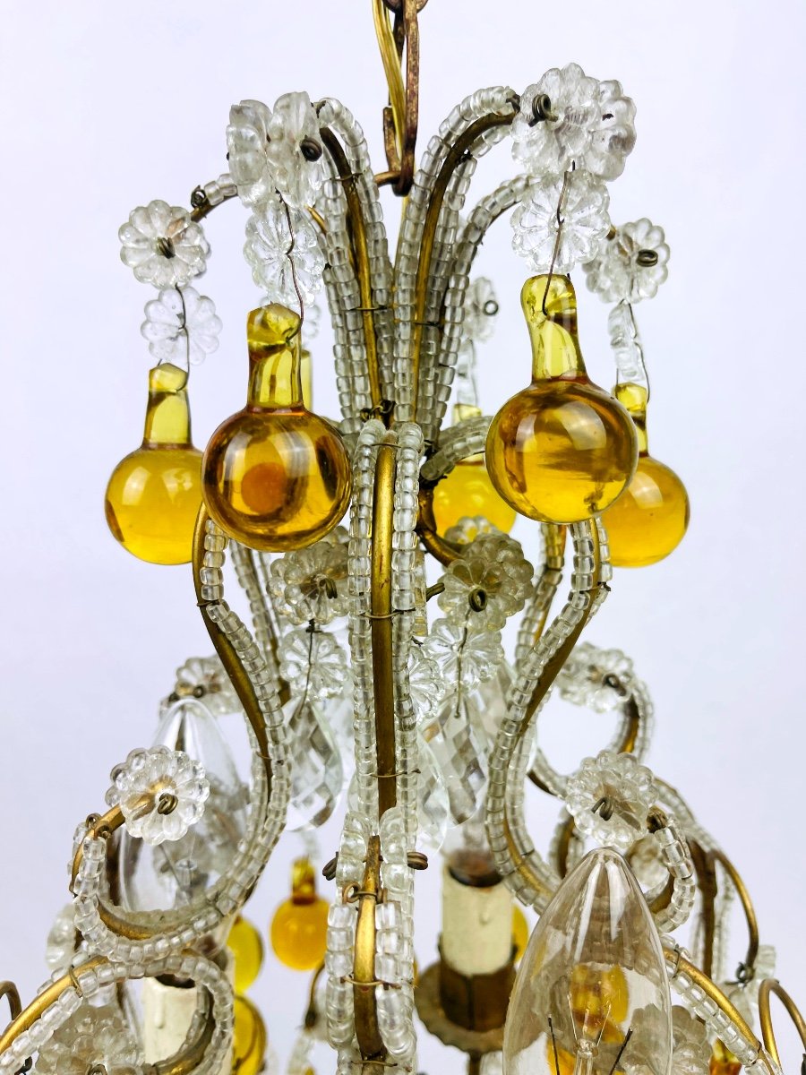 Small Chandelier In Crystal Beads, Amber Drops And Brass, 1920s/30s-photo-4