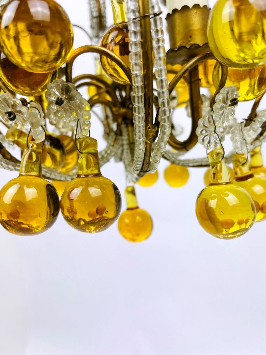 Small Chandelier In Crystal Beads, Amber Drops And Brass, 1920s/30s-photo-1