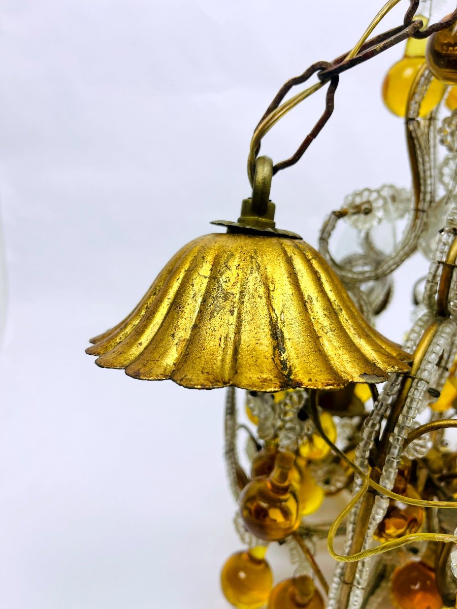 Small Chandelier In Crystal Beads, Amber Drops And Brass, 1920s/30s-photo-2