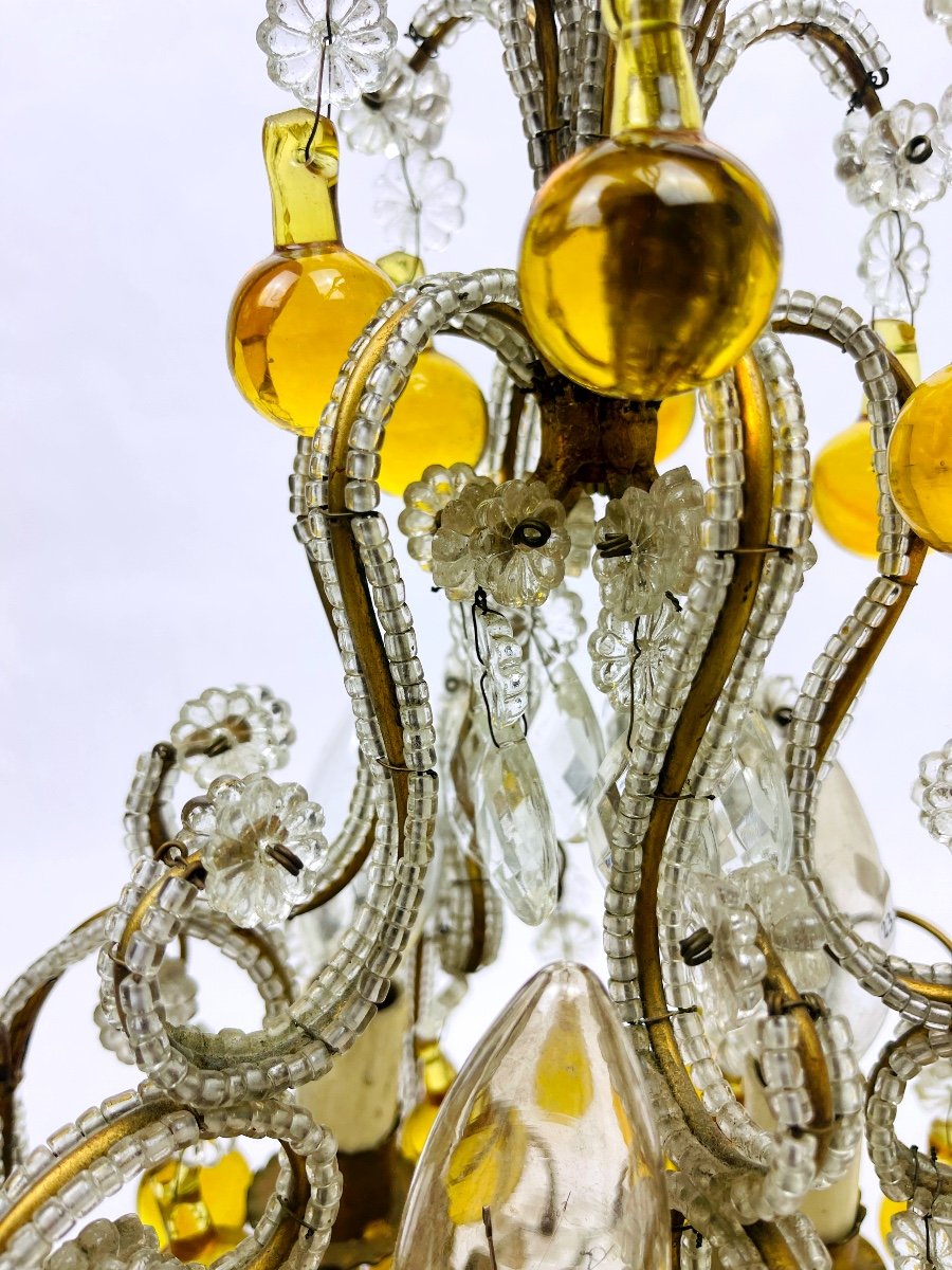 Small Chandelier In Crystal Beads, Amber Drops And Brass, 1920s/30s-photo-3