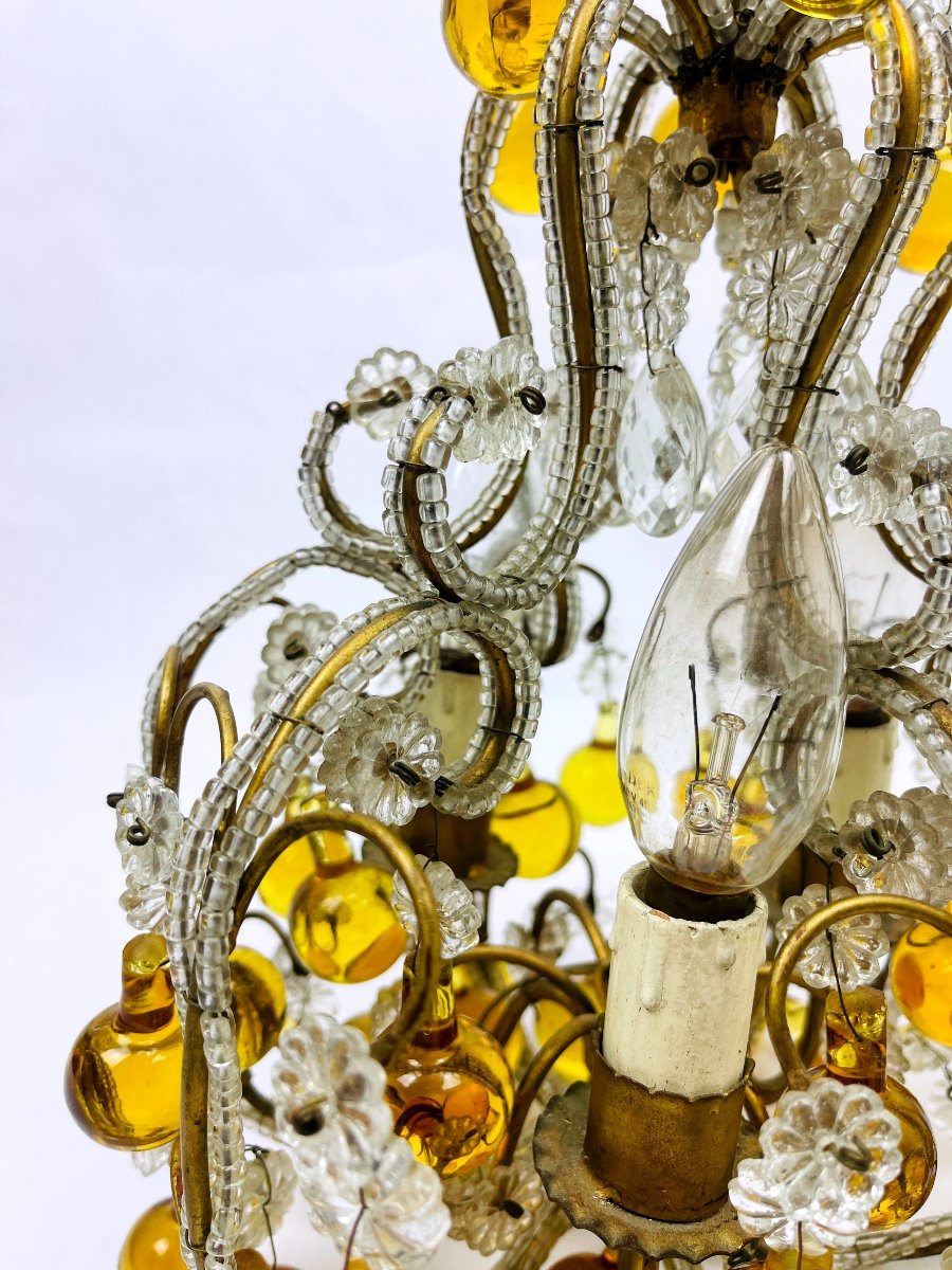 Small Chandelier In Crystal Beads, Amber Drops And Brass, 1920s/30s-photo-4