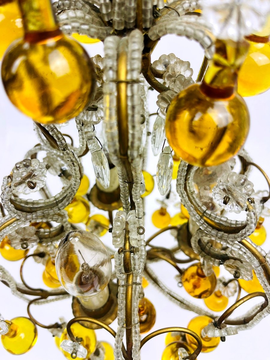 Small Chandelier In Crystal Beads, Amber Drops And Brass, 1920s/30s-photo-5