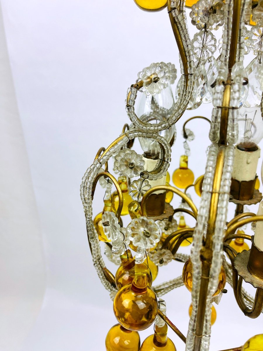 Small Chandelier In Crystal Beads, Amber Drops And Brass, 1920s/30s-photo-6