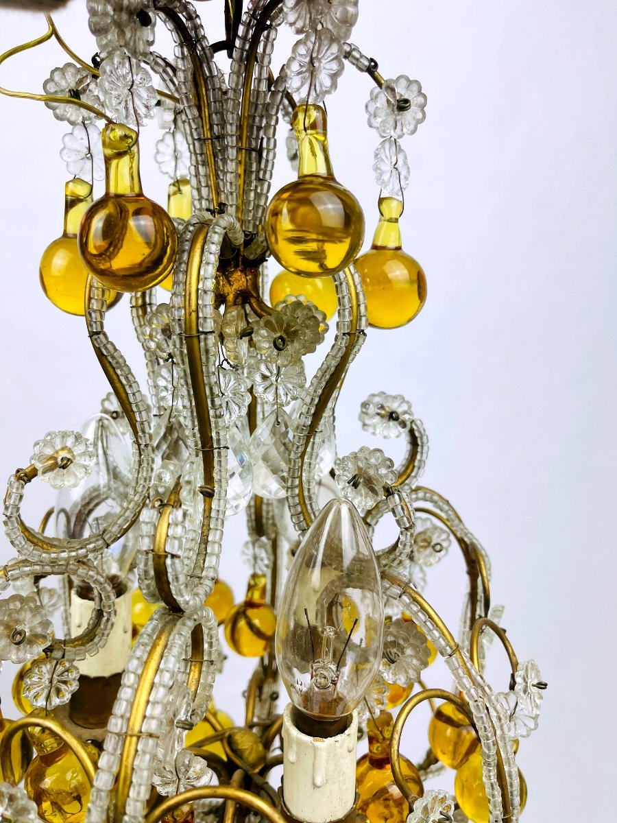 Small Chandelier In Crystal Beads, Amber Drops And Brass, 1920s/30s-photo-7