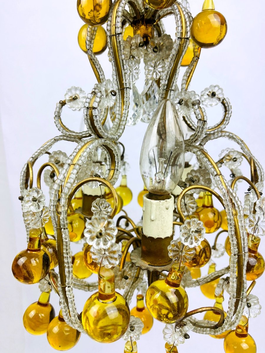 Small Chandelier In Crystal Beads, Amber Drops And Brass, 1920s/30s-photo-8