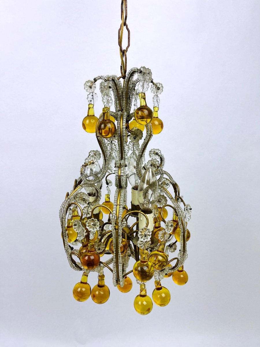 Small Chandelier In Crystal Beads, Amber Drops And Brass, 1920s/30s