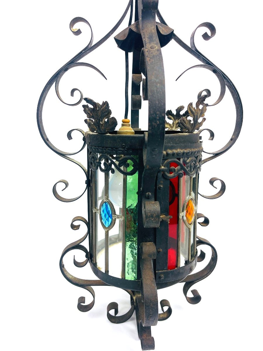 Beautiful Wrought Iron And Stained Glass Hall Lantern-photo-2