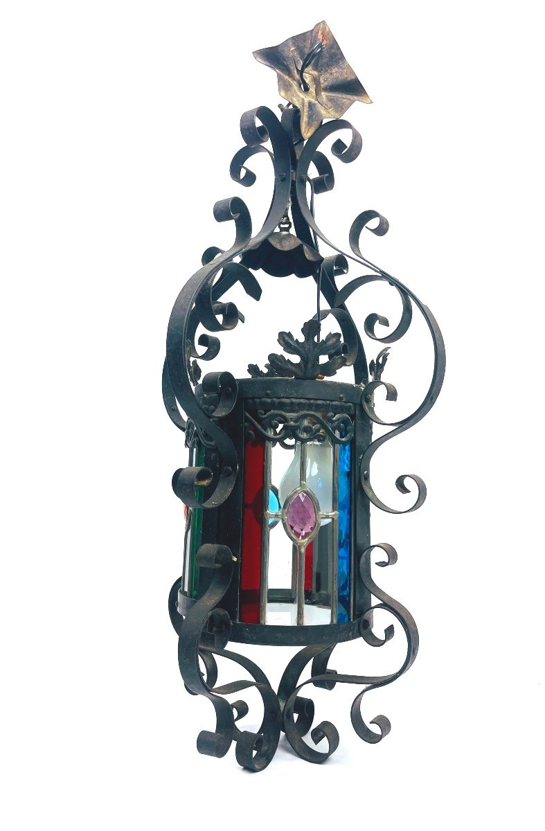 Beautiful Wrought Iron And Stained Glass Hall Lantern-photo-3