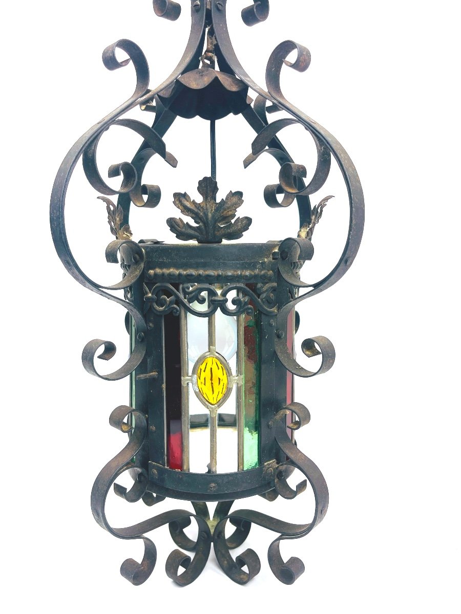 Beautiful Wrought Iron And Stained Glass Hall Lantern-photo-4