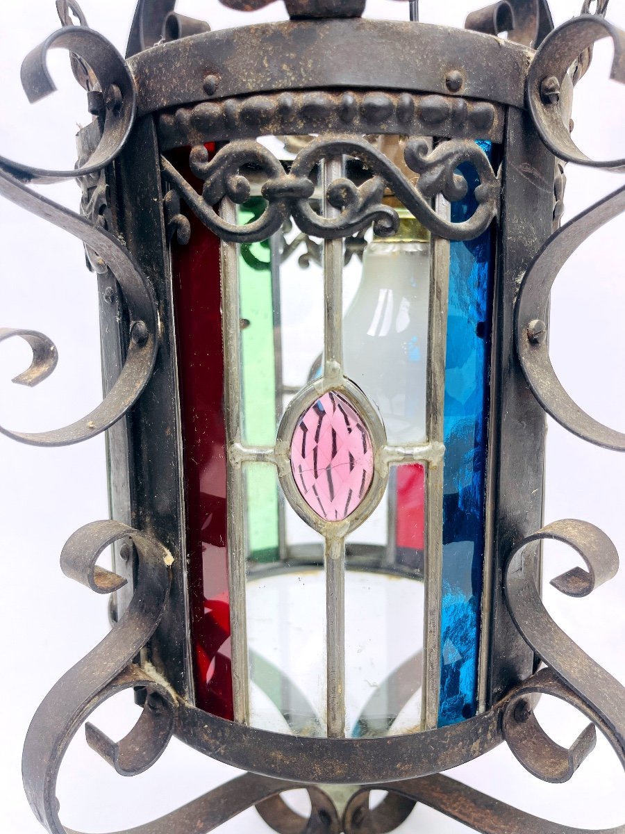 Beautiful Wrought Iron And Stained Glass Hall Lantern-photo-1