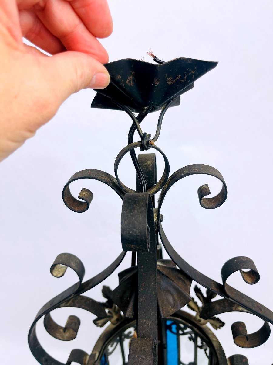 Beautiful Wrought Iron And Stained Glass Hall Lantern-photo-2