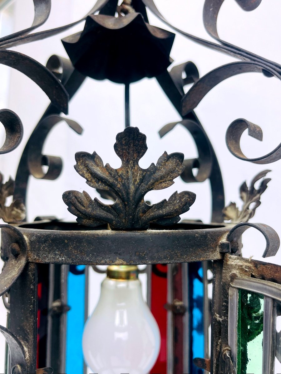 Beautiful Wrought Iron And Stained Glass Hall Lantern-photo-3