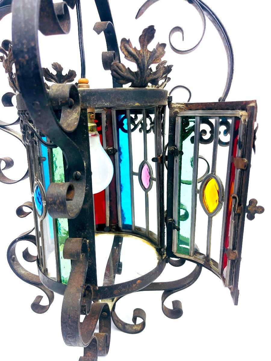 Beautiful Wrought Iron And Stained Glass Hall Lantern-photo-4