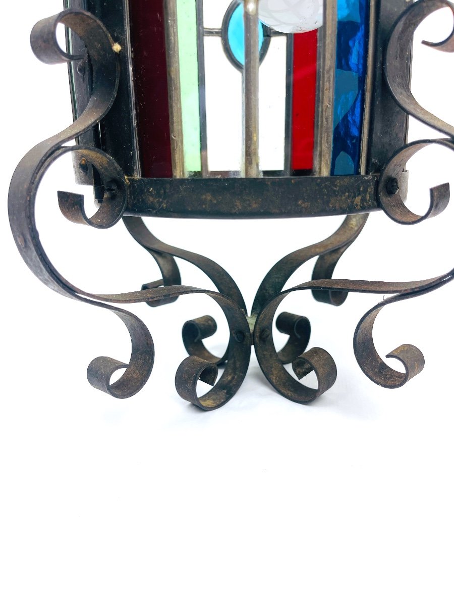 Beautiful Wrought Iron And Stained Glass Hall Lantern-photo-5