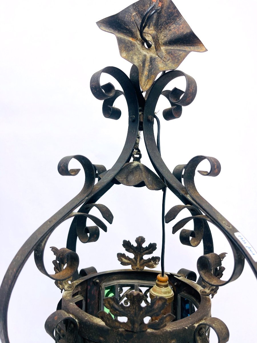 Beautiful Wrought Iron And Stained Glass Hall Lantern-photo-6