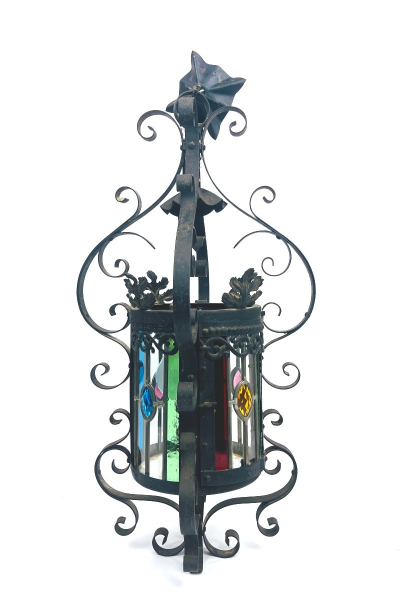 Beautiful Wrought Iron And Stained Glass Hall Lantern