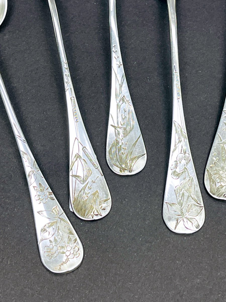 Superb Set Of 8 Small Engraved Silver Spoons By Paul Tonnelier-photo-4