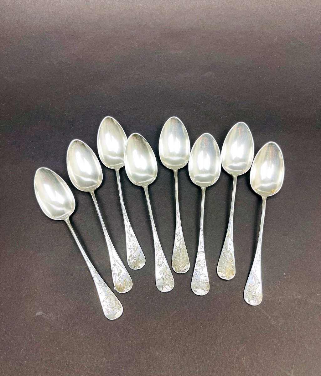 Superb Set Of 8 Small Engraved Silver Spoons By Paul Tonnelier