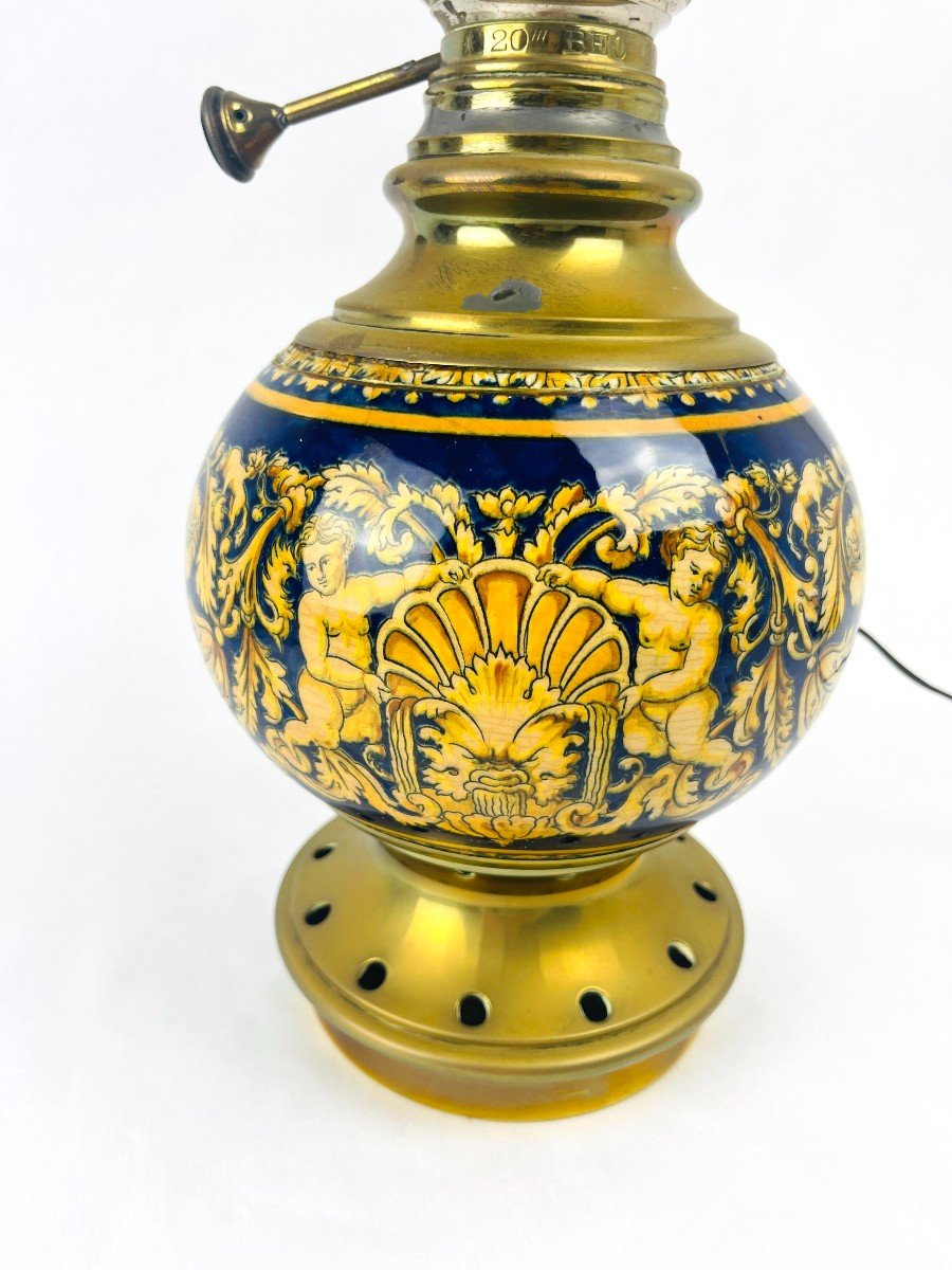 Gien Porcelain Oil Lamp, Renaissance Model, Electrified-photo-2