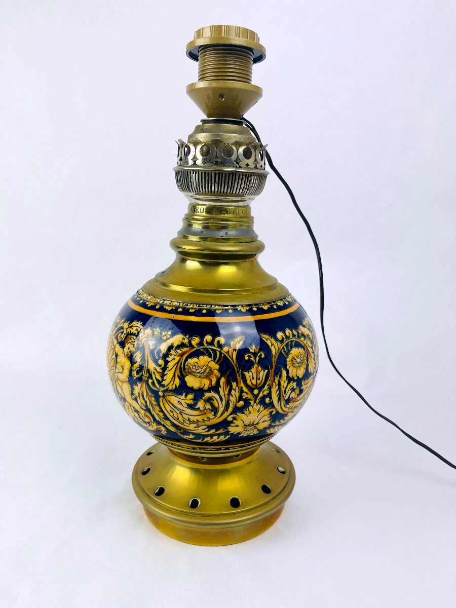 Gien Porcelain Oil Lamp, Renaissance Model, Electrified