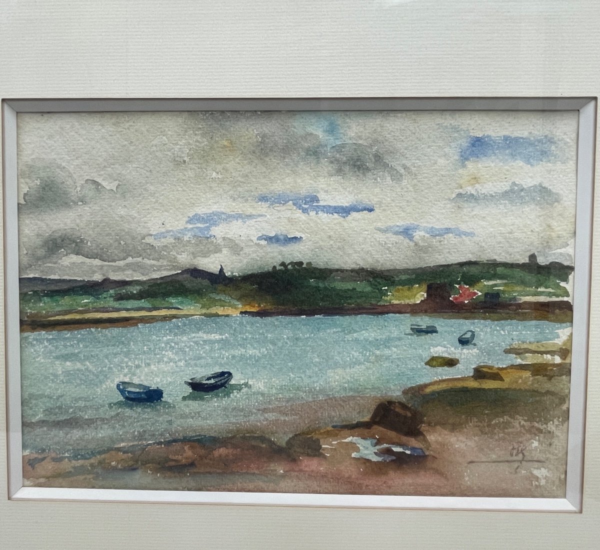 Marine Watercolor, Boats In A Bay-photo-3