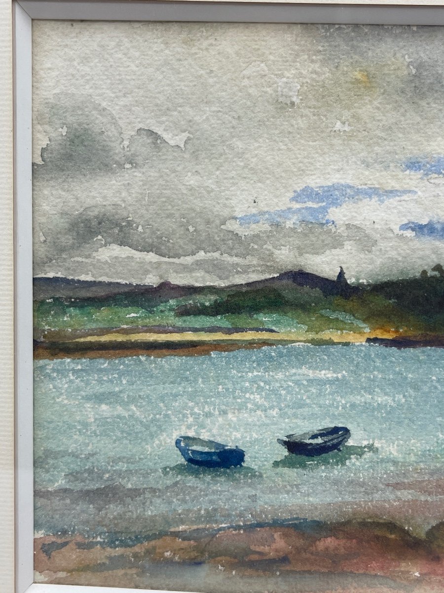 Marine Watercolor, Boats In A Bay-photo-2