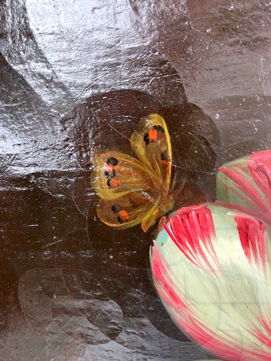 Bouquet De Fleurs Sur Un Entablement, Huile Sur Toile Fin 18ème Début 19ème-photo-7