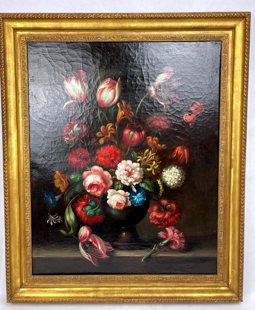 Bouquet De Fleurs Sur Un Entablement, Huile Sur Toile Fin 18ème Début 19ème