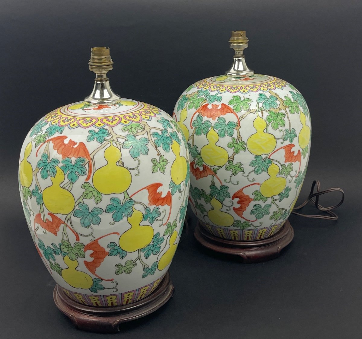 China, Pair Of Covered Porcelain Pots Polychrome Decor Mounted As Lamps