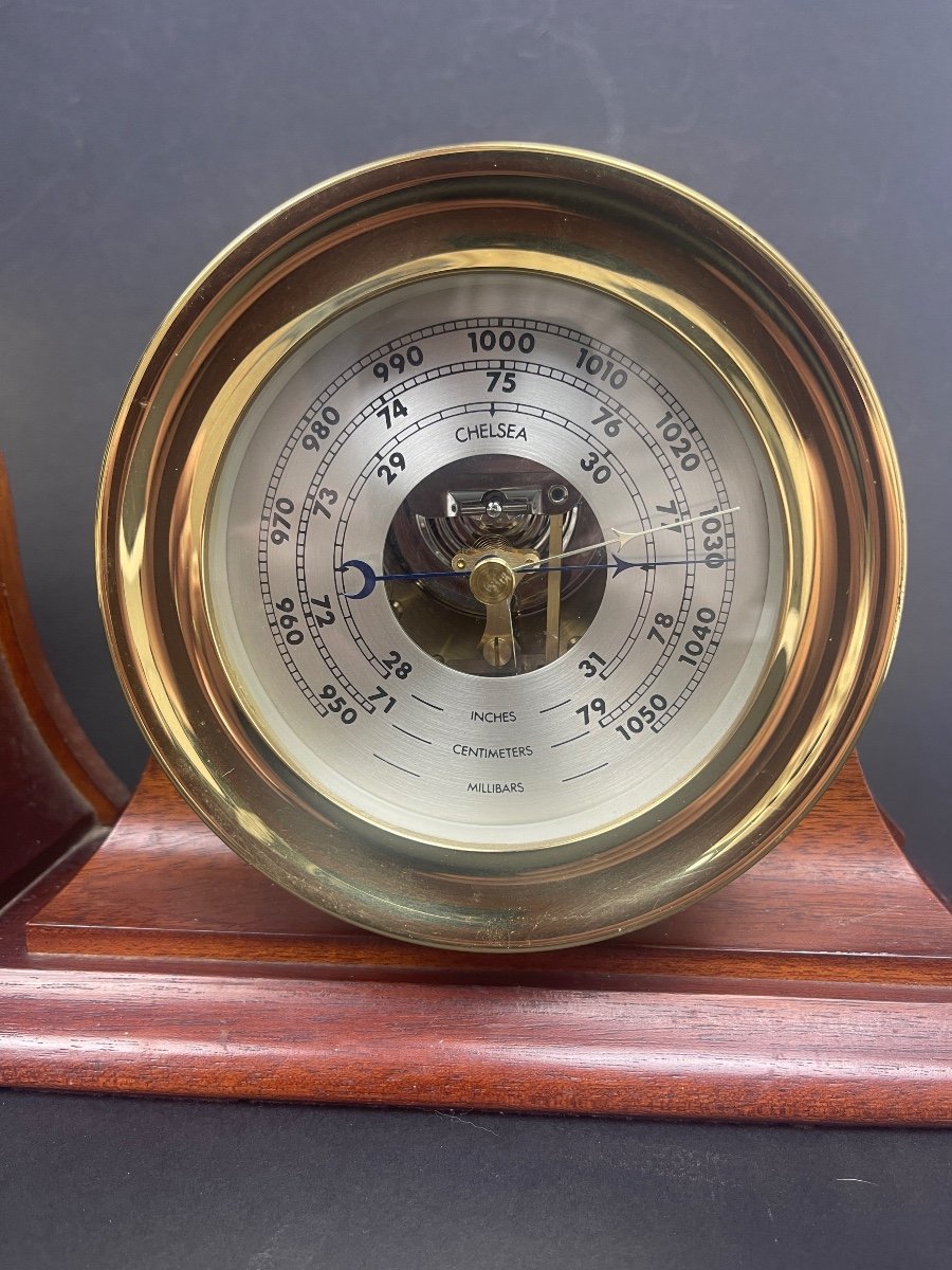 Chelsea Ship's Bell Desk Clock And Barometer, Brass And Mahogany-photo-3