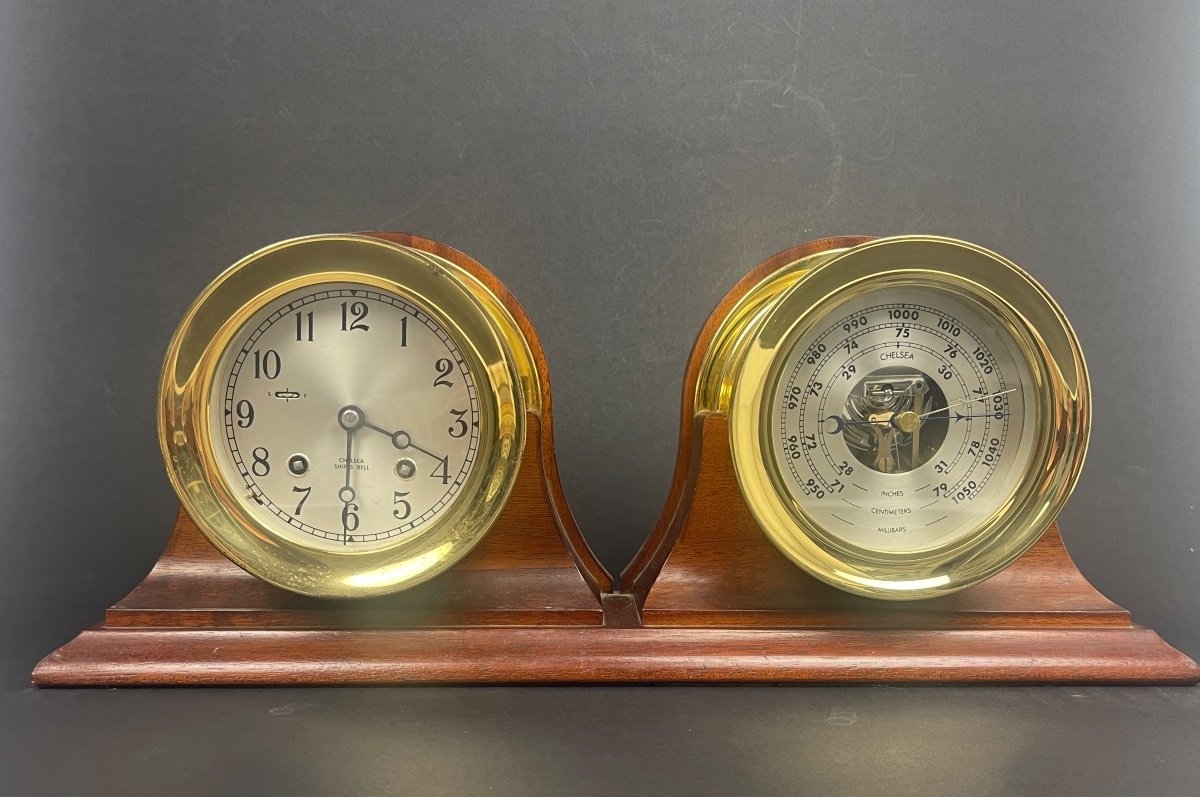 Chelsea Ship's Bell Desk Clock And Barometer, Brass And Mahogany