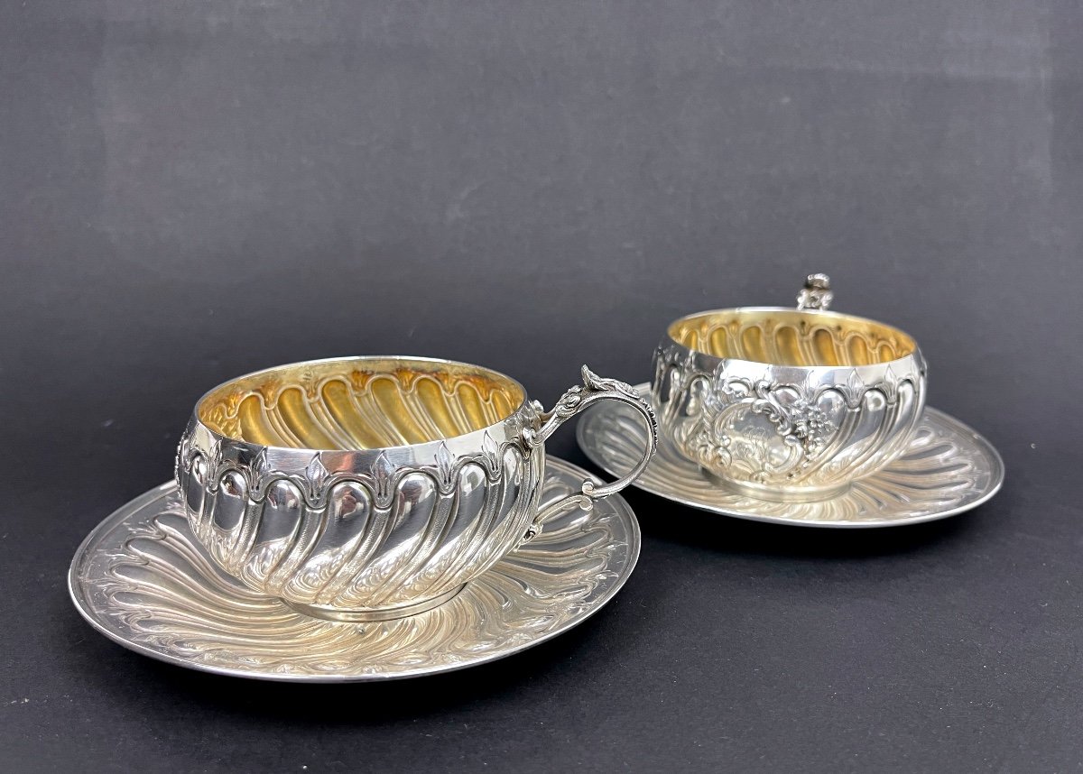 Paire De Tasses à Chocolat En Argent, Henri Soufflot, Tête-à-tête En Argent