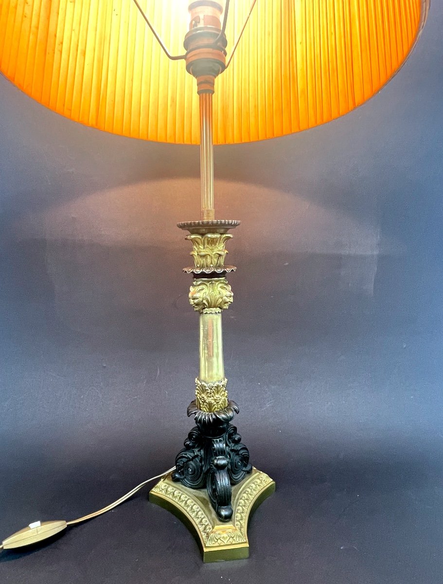 Restoration Candlestick In Gilt Bronze And Black Patina Mounted As A Lamp, Charles X-photo-2