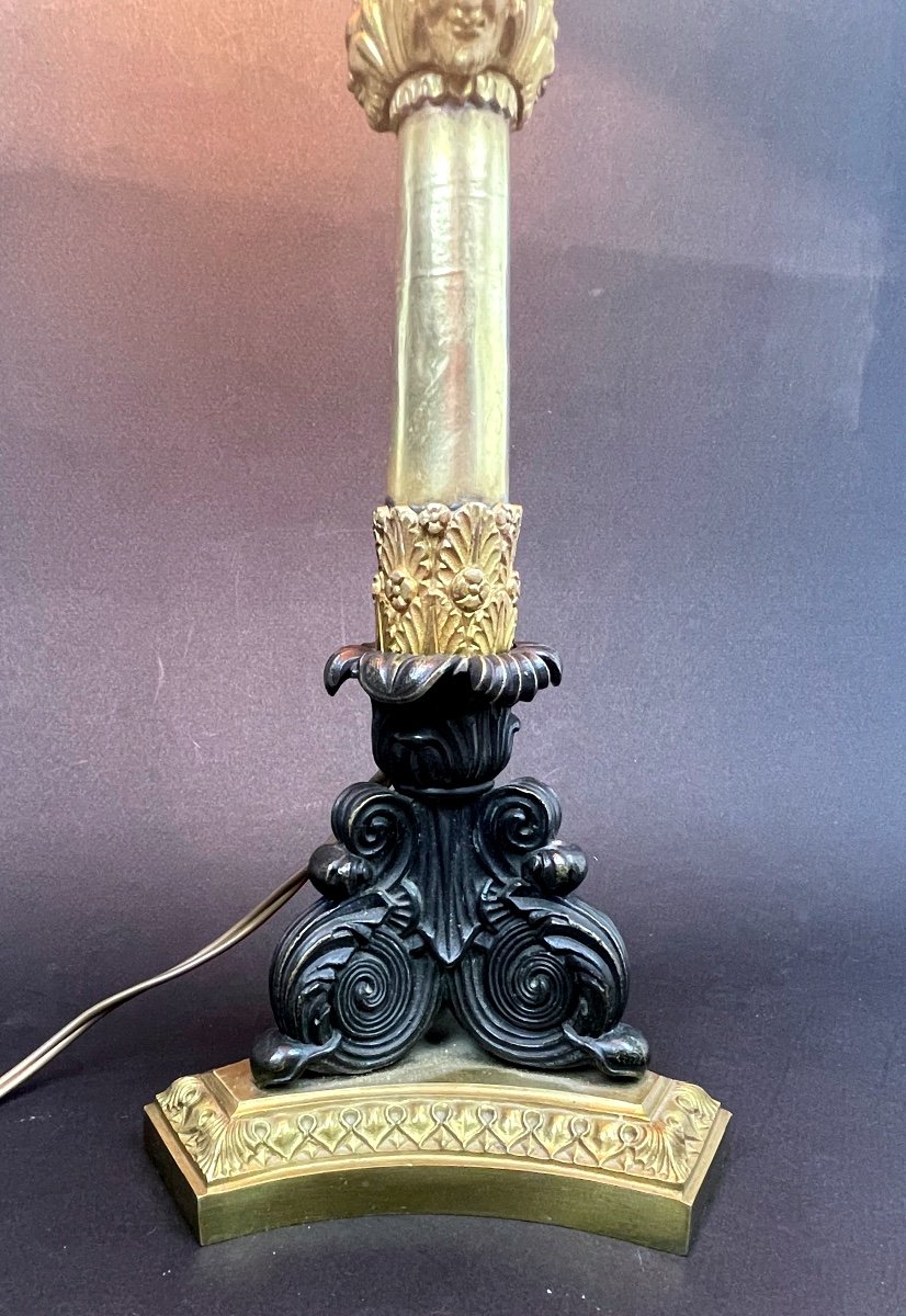 Restoration Candlestick In Gilt Bronze And Black Patina Mounted As A Lamp, Charles X-photo-4