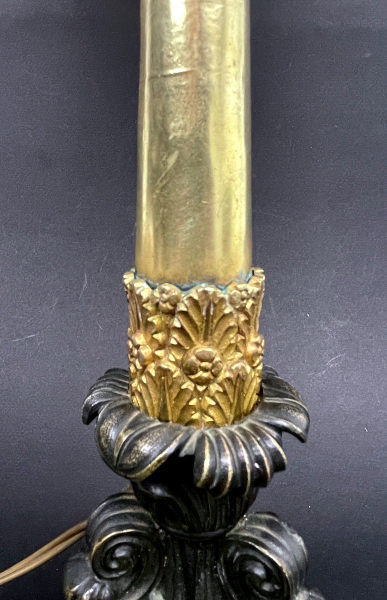 Restoration Candlestick In Gilt Bronze And Black Patina Mounted As A Lamp, Charles X-photo-1