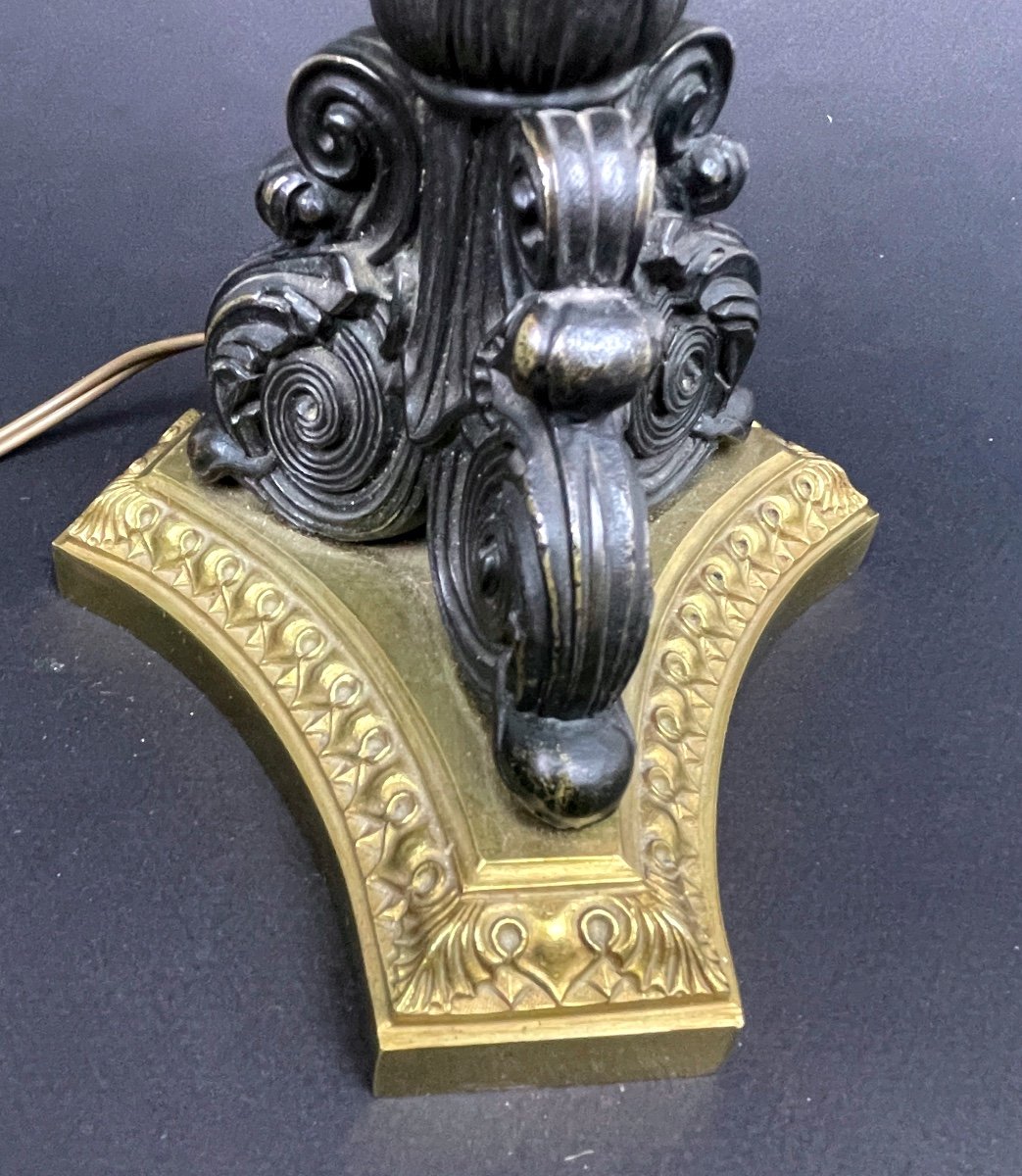 Restoration Candlestick In Gilt Bronze And Black Patina Mounted As A Lamp, Charles X-photo-3