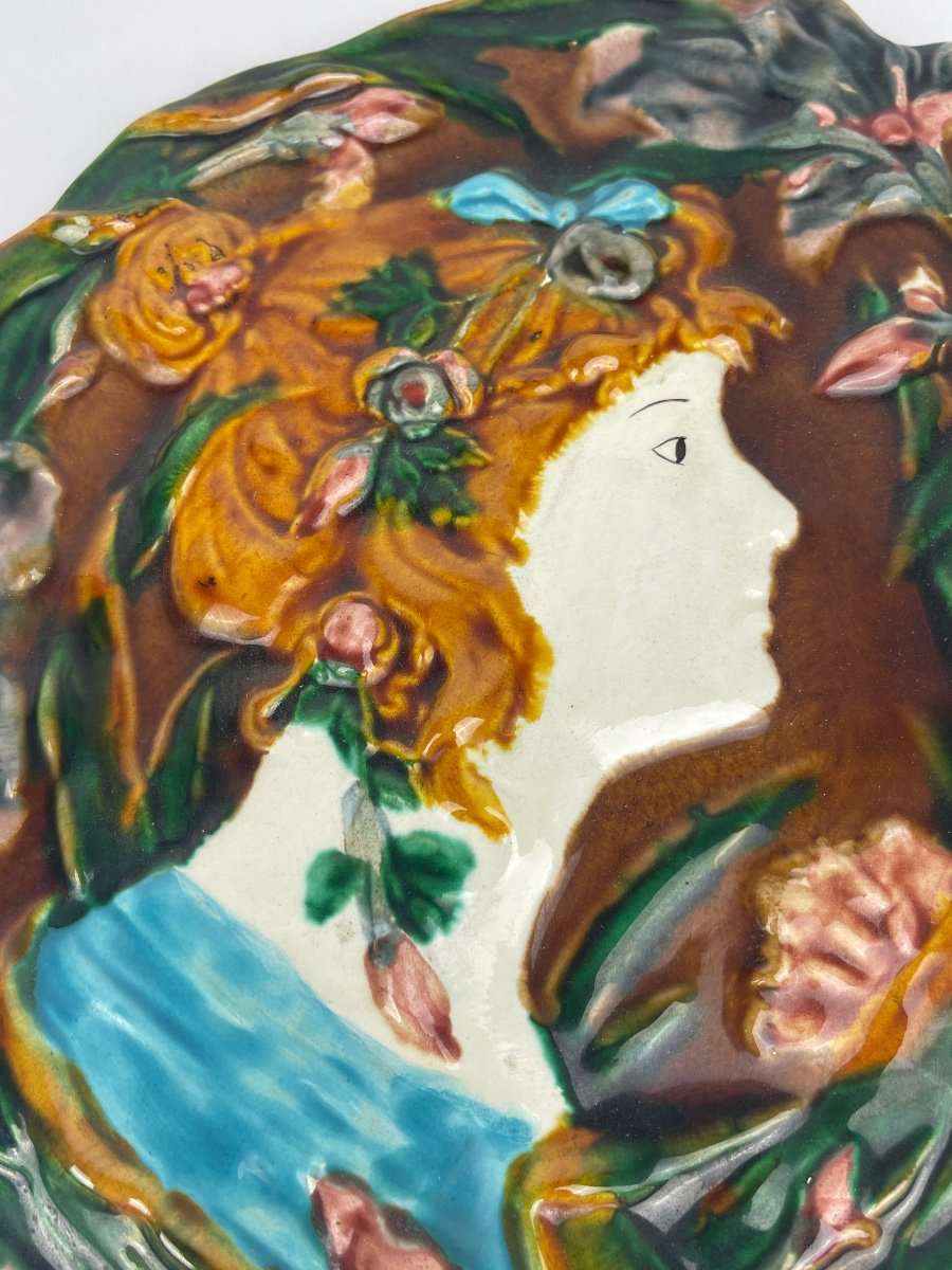 Plaque En Céramique Polychrome, Profil Féminin, époque Art Nouveau N°2-photo-2