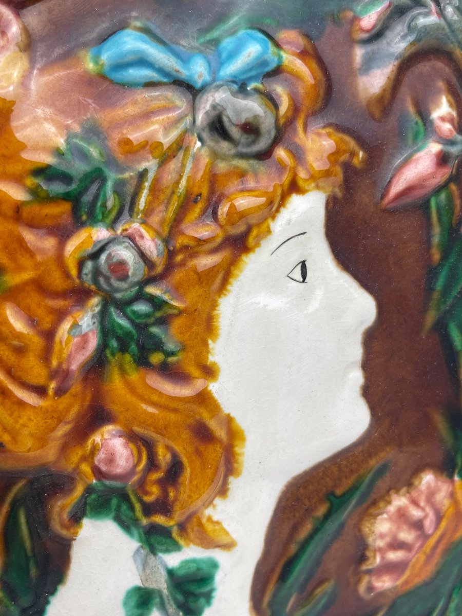 Plaque En Céramique Polychrome, Profil Féminin, époque Art Nouveau N°2-photo-1