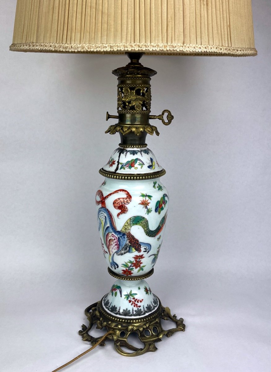 Chinese Porcelain And Gilt Bronze Lamp, Dragon And Warrior Scene 