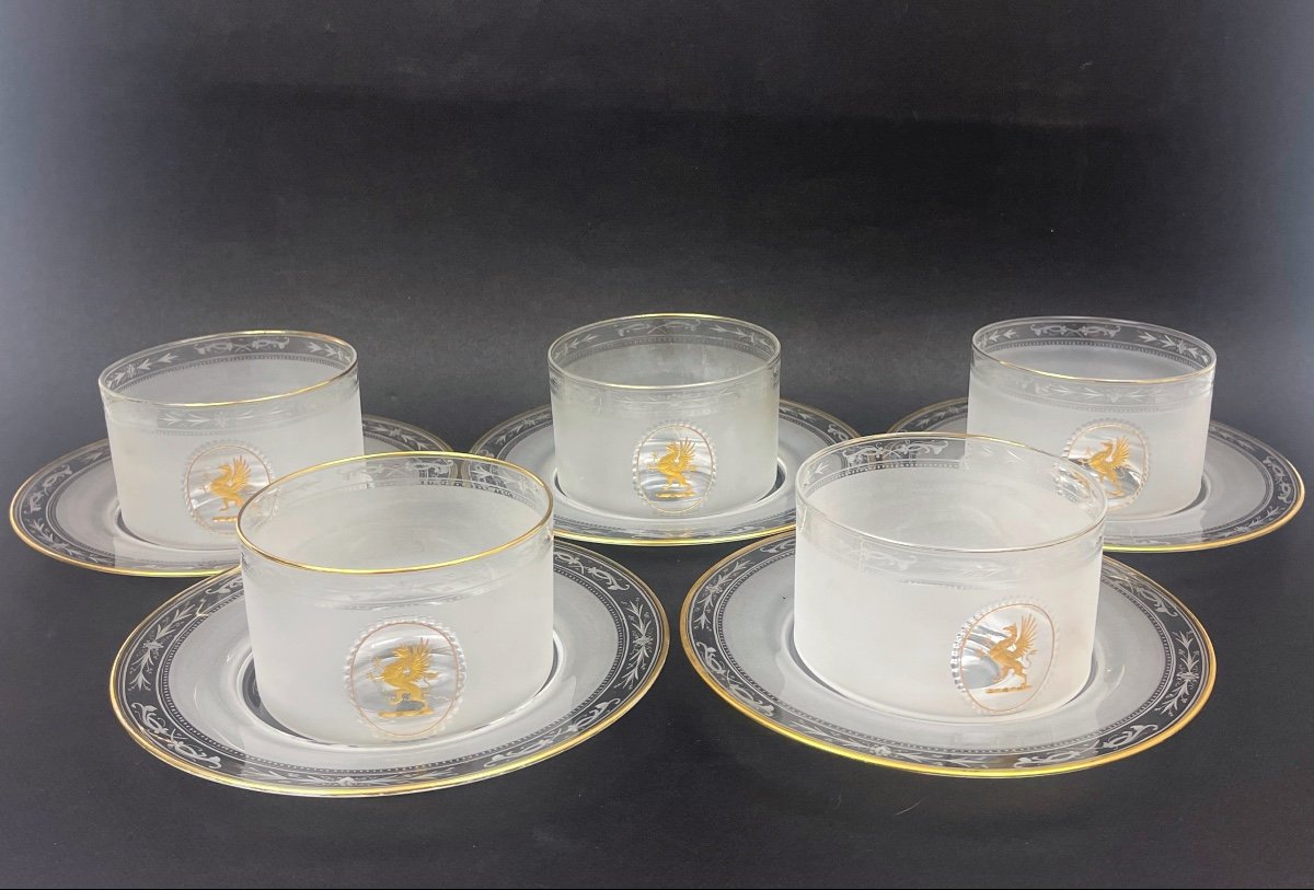 Set Of 5 Finger Bowls Maison Le Rosey Coat Of Arms With Golden Griffin