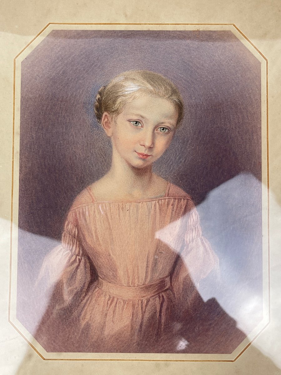 Portrait De Jeune Fille Au Pastel, école Française 19ème-photo-1